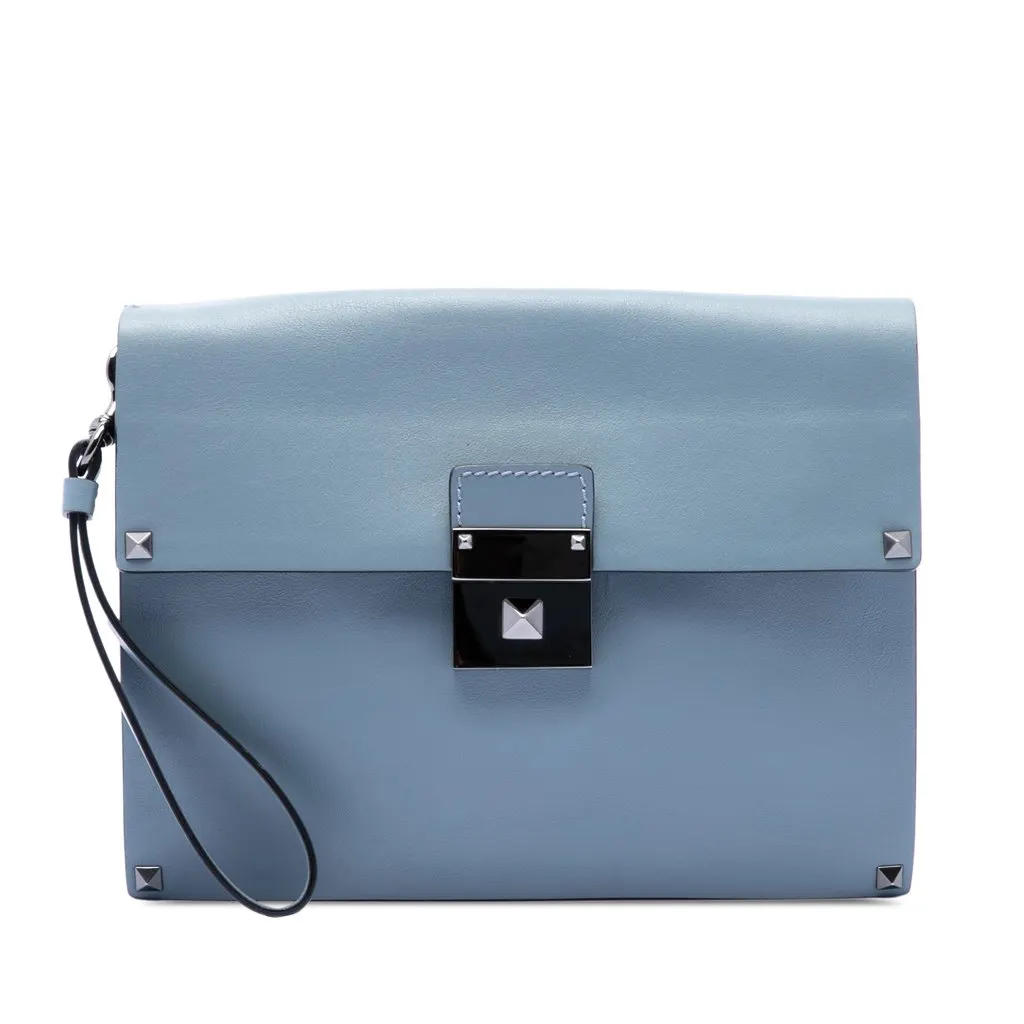 Valentino Leather Rockstud Wristlet Clutch Blue Leather Very good - Front View