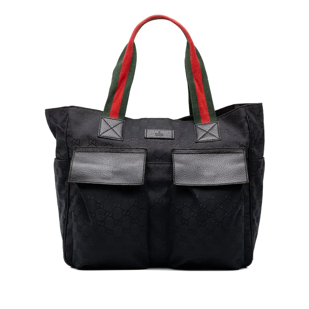 Gucci GG Canvas Web Double Pockets Tote Black Canvas Very good - Front View