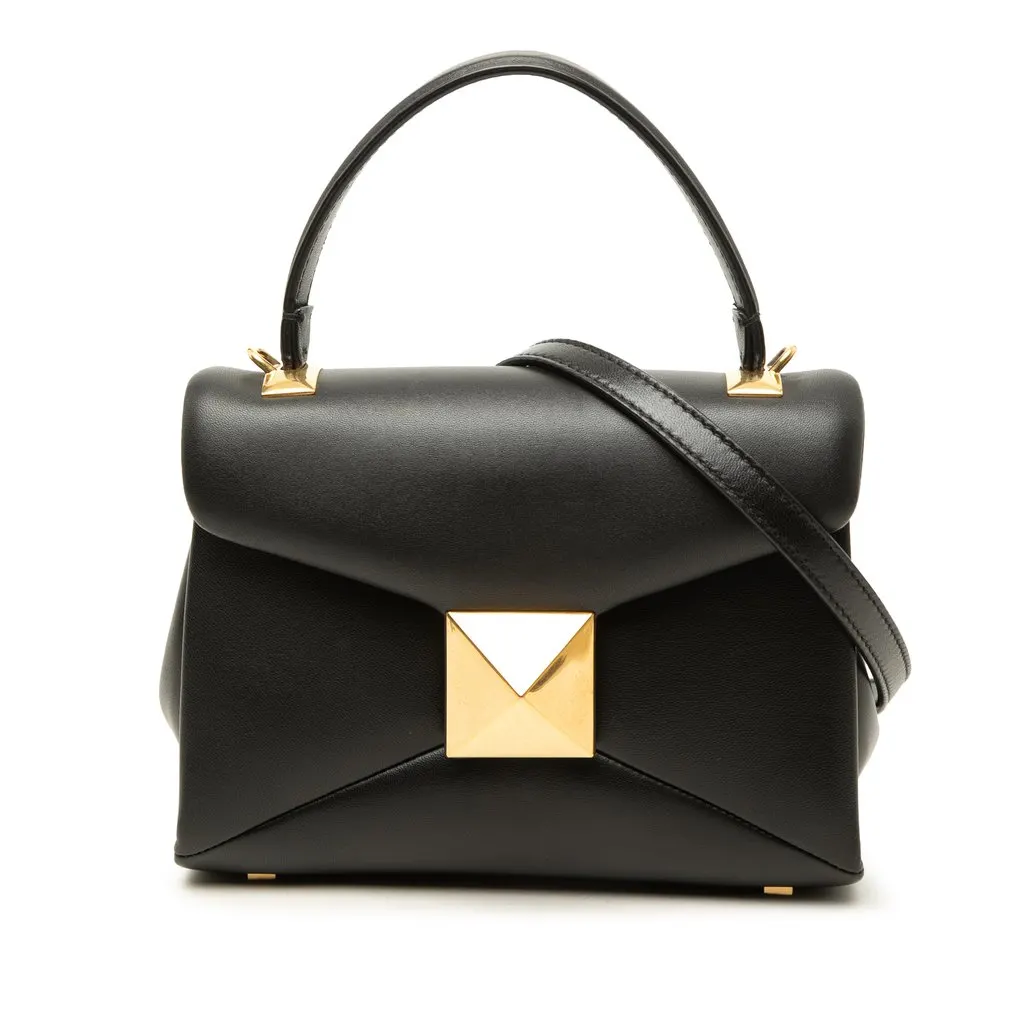 Valentino Mini Leather One Stud Top Handle Bag Black Leather Good - Front View