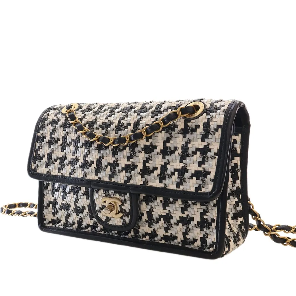Chanel CC Woven Lambskin and Viscose Houndstooth Single Flap Beige Leather Very good - Back View