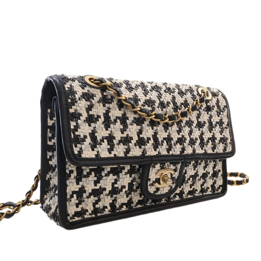 Chanel CC Woven Lambskin and Viscose Houndstooth Single Flap Beige Leather Very good - Inside View