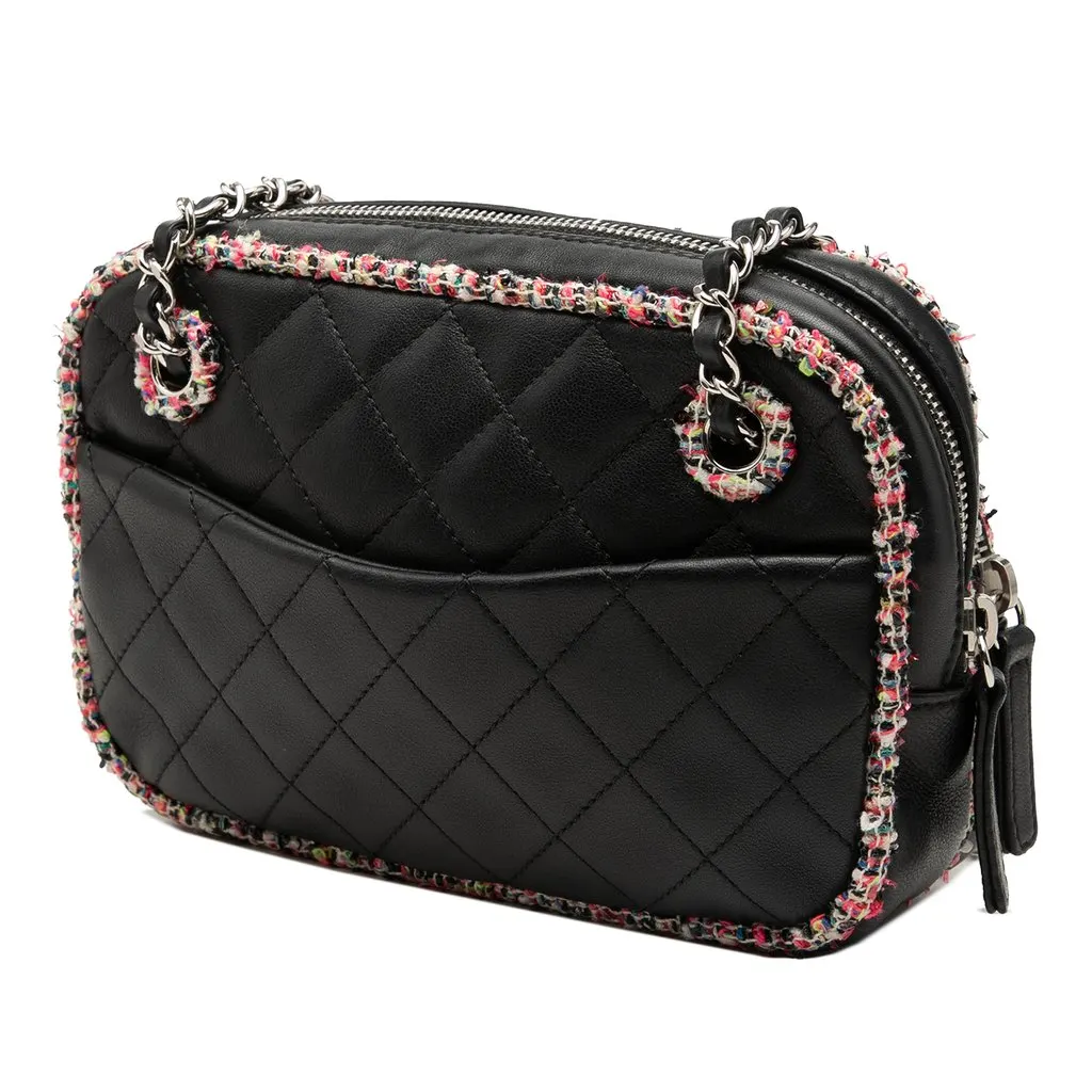 Chanel CC Quilted Lambskin Tweed Elegant Trim Front Zip Camera Bag Black Leather Very good - Back View