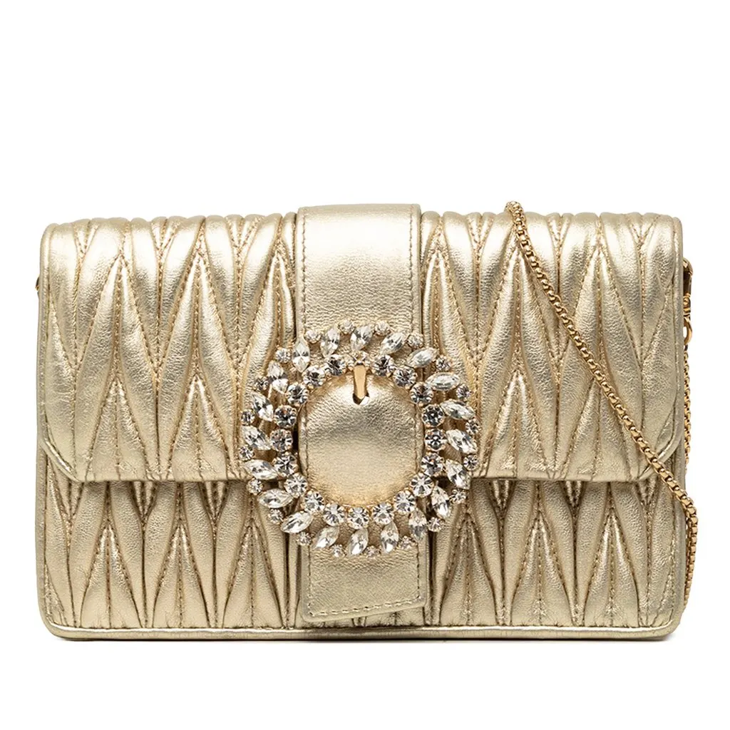 Miu Miu Metallic Matelasse Nappa Crystal Embellished Crossbody Gold Leather Very good - Front View