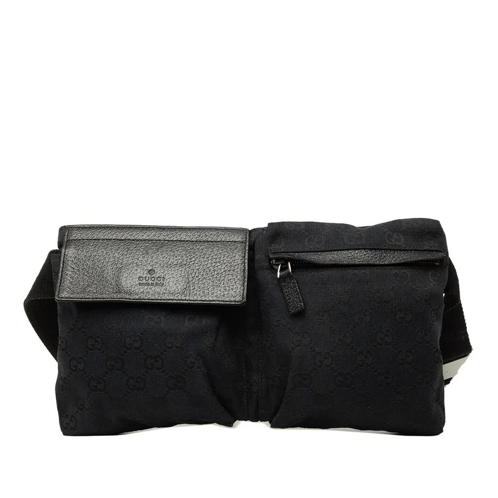 Gucci GG Canvas Double Pocket Belt Bag Black Canvas Good - Front View