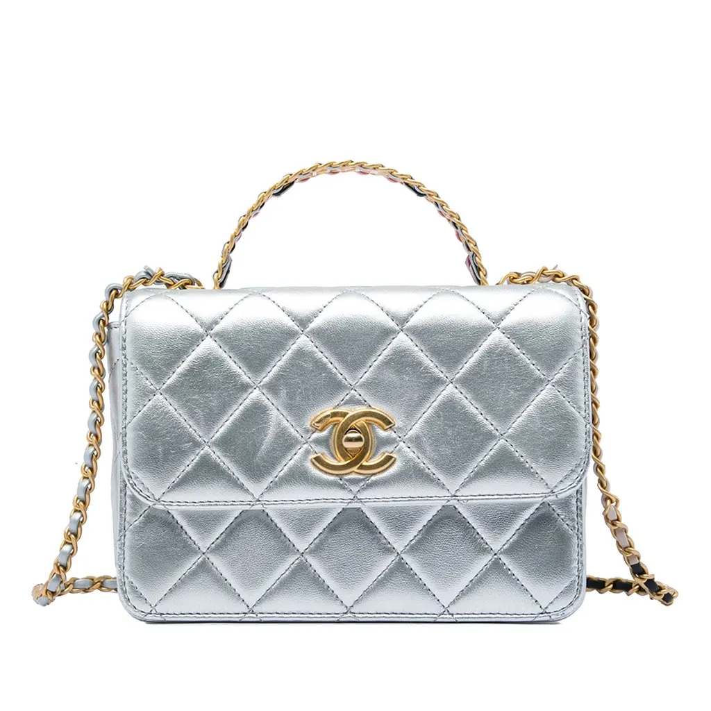 Chanel Mini Metallic Lambskin Top Handle Flap Silver Leather Very good - Front View