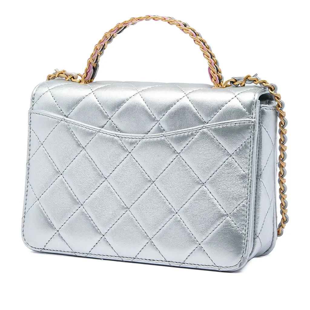 Chanel Mini Metallic Lambskin Top Handle Flap Silver Leather Very good - Back View
