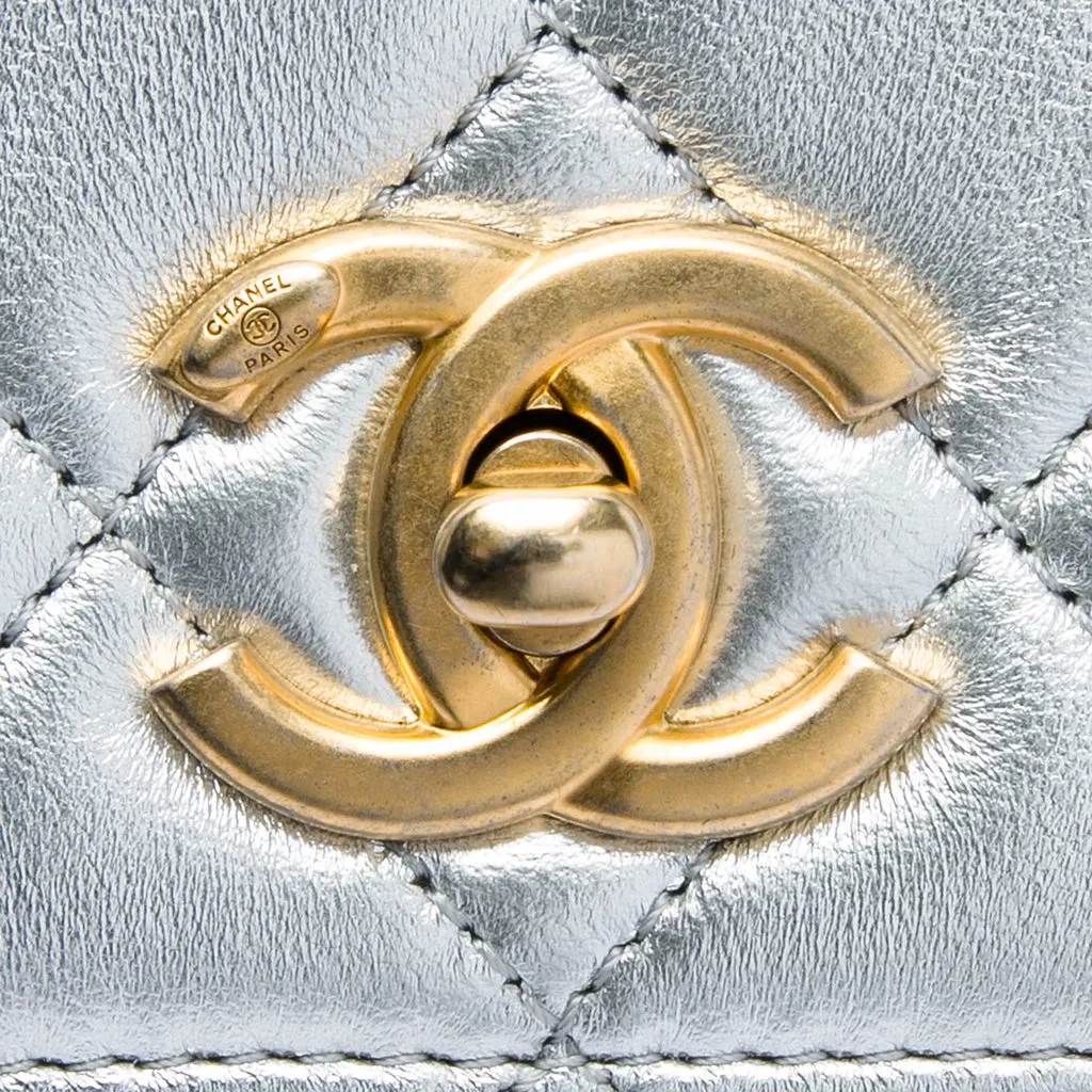 Chanel Mini Metallic Lambskin Top Handle Flap Silver Leather Very good - Box View