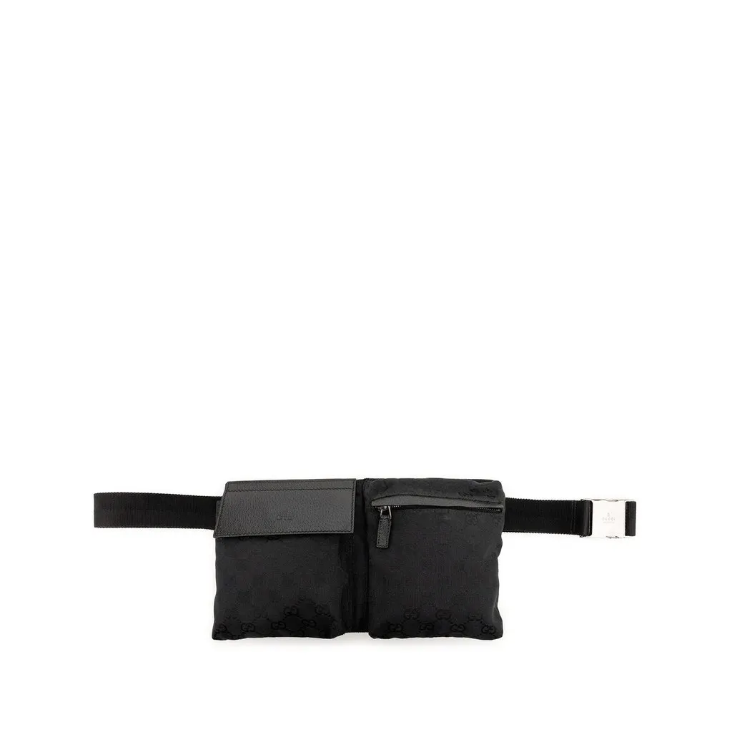 Gucci GG Canvas Double Pocket Belt Bag Black Canvas Good - Front View