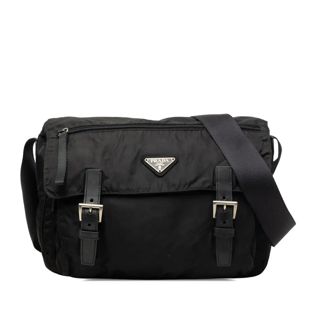 Prada Tessuto Zip Double Buckle Messenger Bag