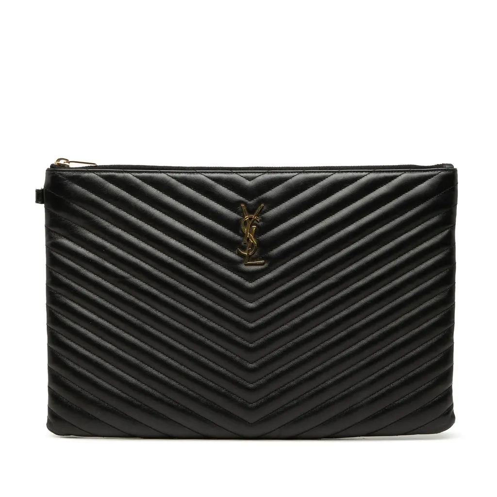 Saint Laurent Chevron Leather Monogram Document Holder Black Leather Very good - Front View