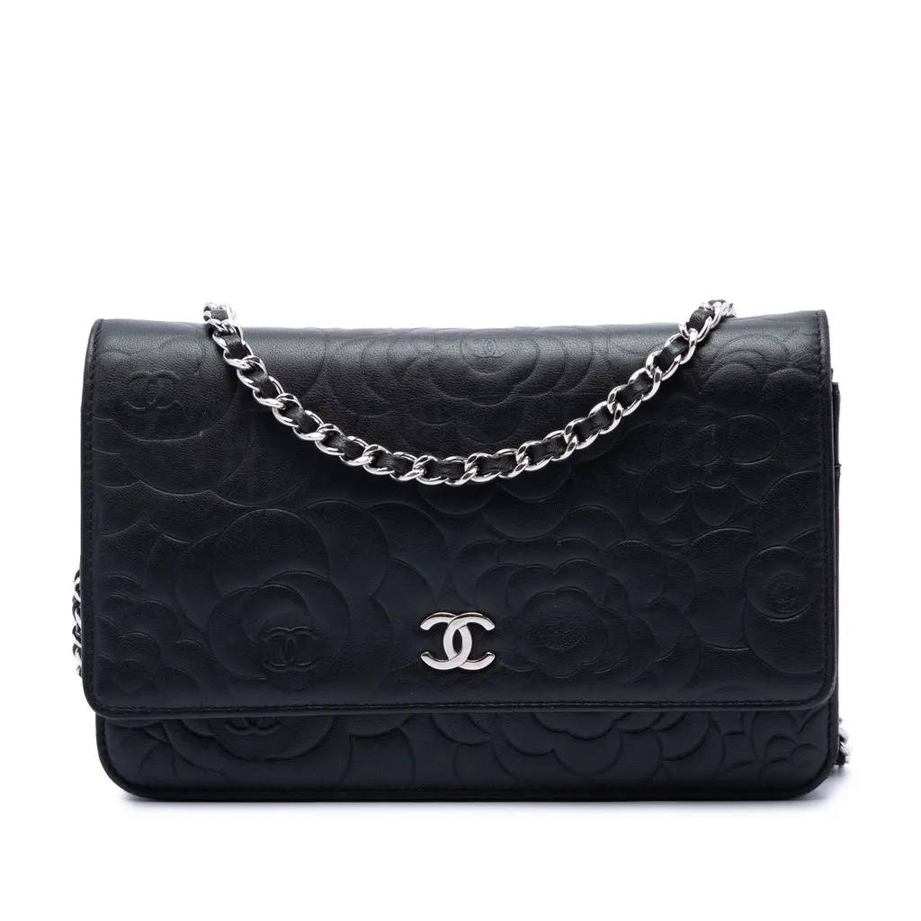 Chanel CC Embossed Lambskin Camellia Wallet On Chain Black Leather Very good - Front View