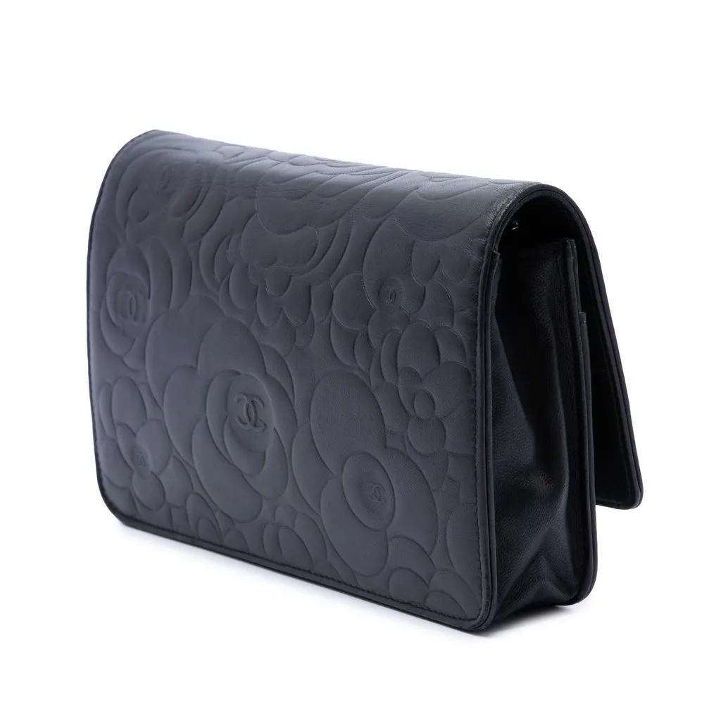 Chanel CC Embossed Lambskin Camellia Wallet On Chain Black Leather Very good - Back View