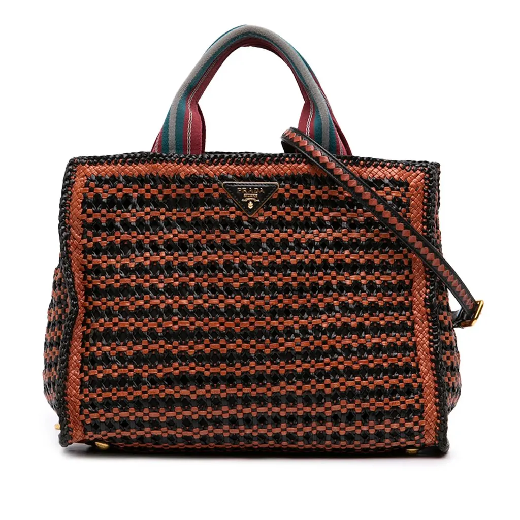 Prada Small Bicolor Woven Goatskin Madras Satchel Brown Larg