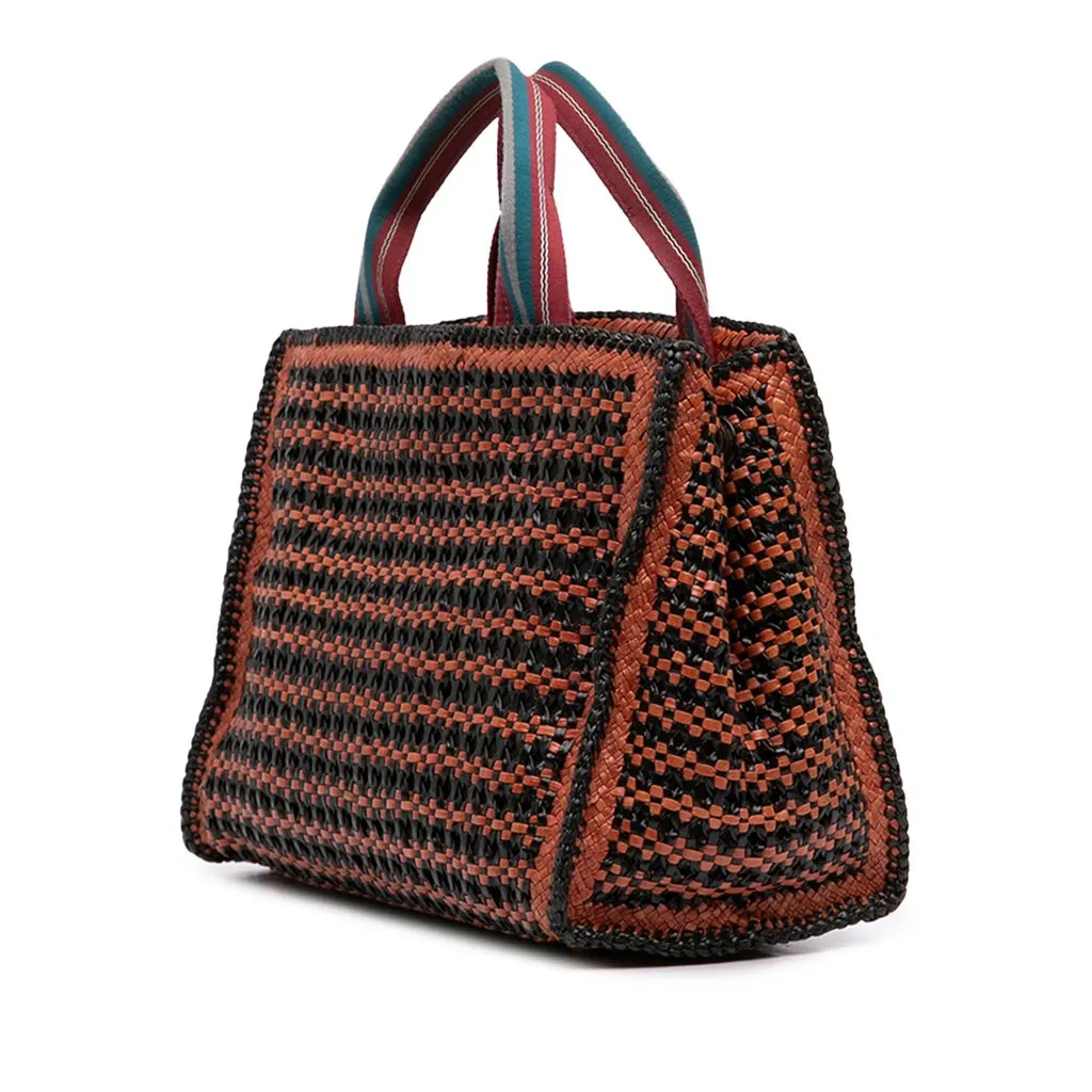 Prada Small Bicolor Woven Goatskin Madras Satchel Brown Larg