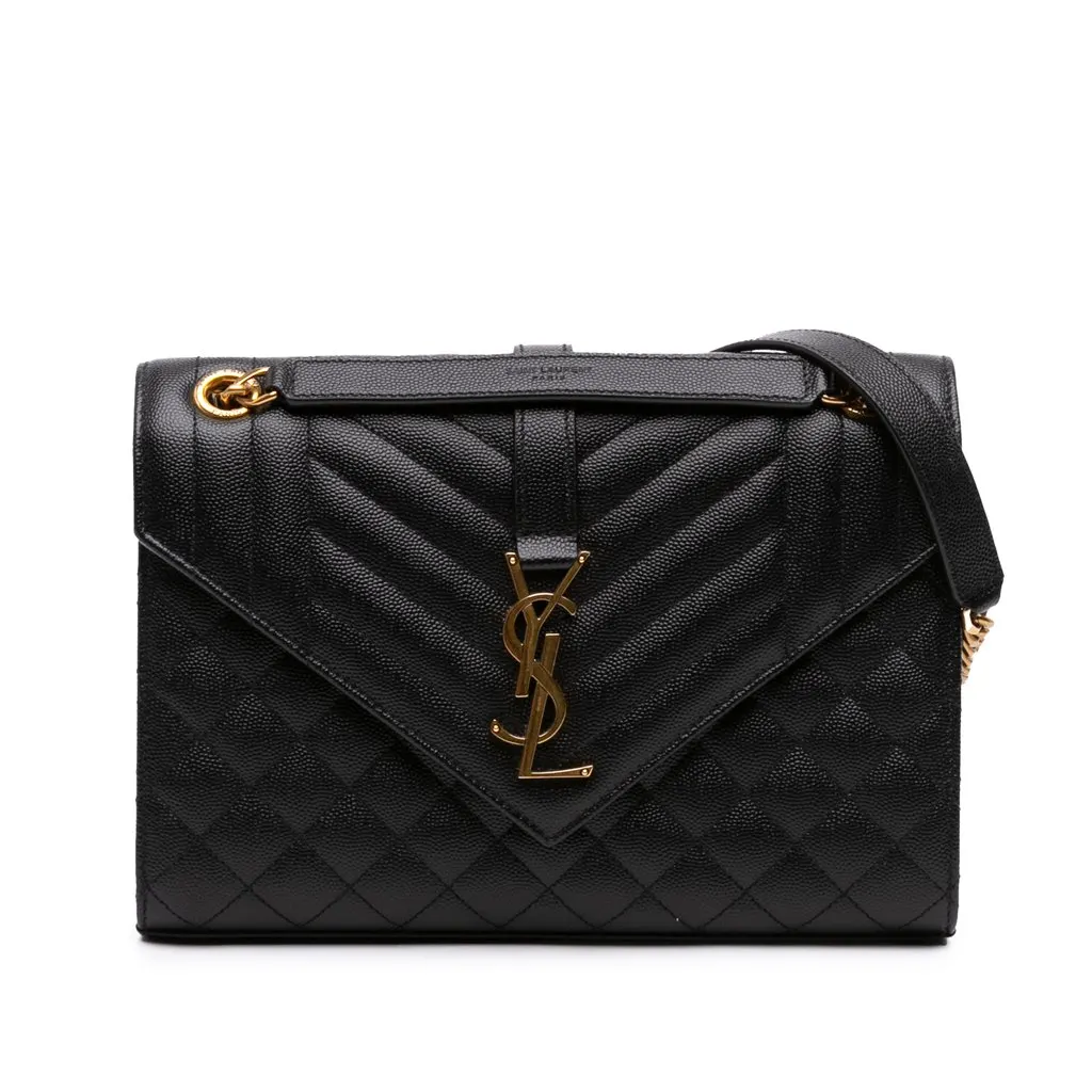 Saint Laurent Medium Grain De Poudre Triquilt Monogram Envelope Bag Black Leather Very good - Front View
