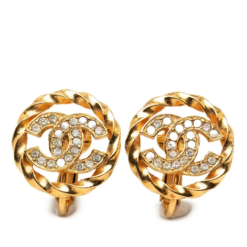 Chanel Gold Plated CC Crystal Twisted Round Clip On Earrings Gold Metal Very good - Front View