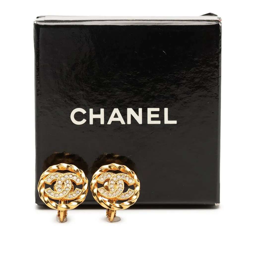 Chanel Gold Plated CC Crystal Twisted Round Clip On Earrings Gold Metal Very good - Box View
