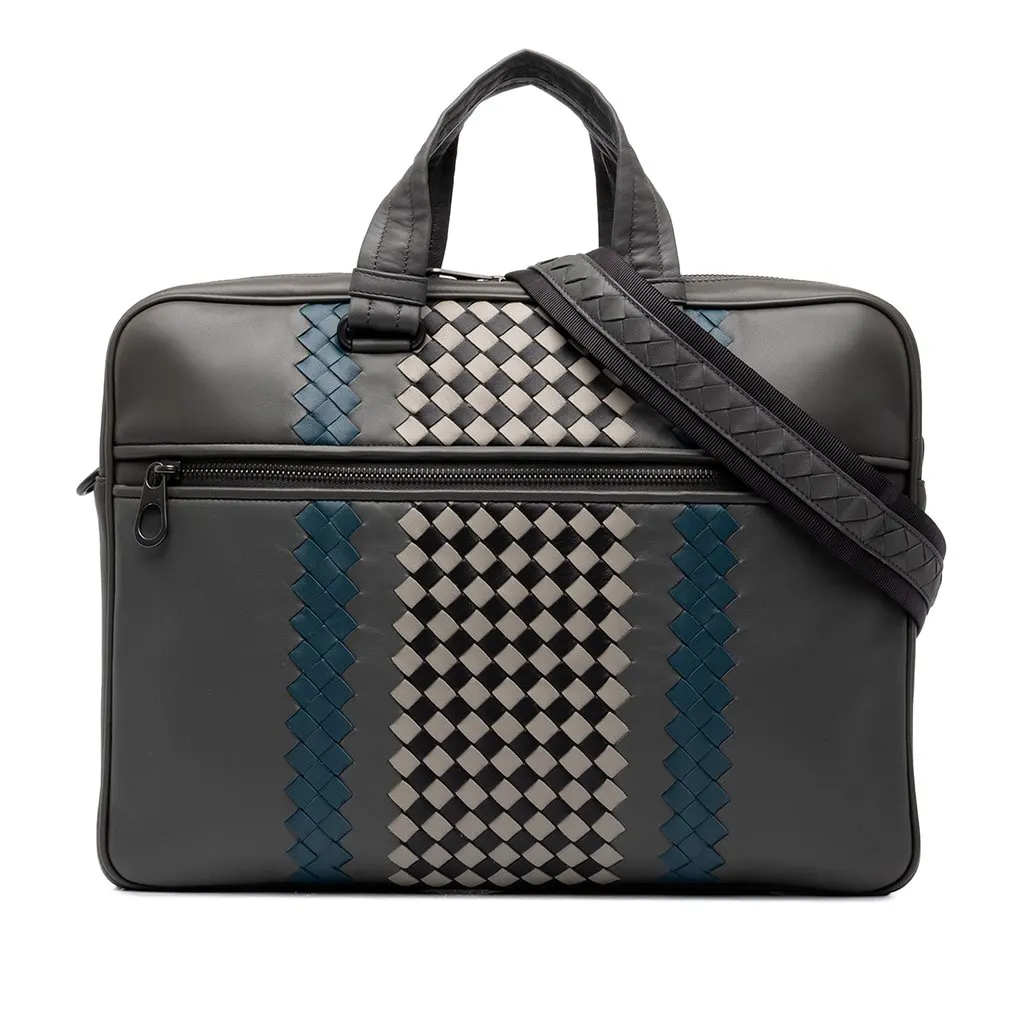 Bottega Veneta Intrecciato Trimmed Leather Briefcase Grey Leather Good - Front View