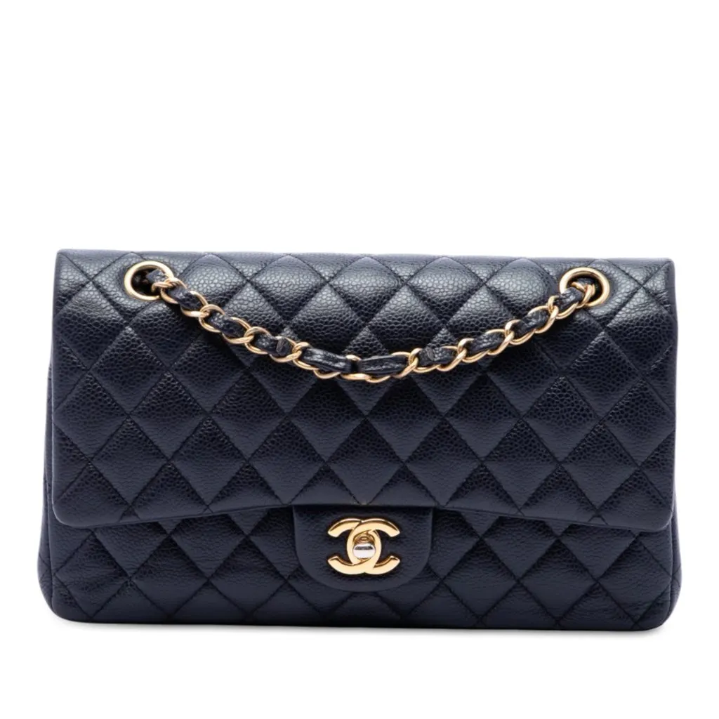 Chanel Medium Classic Caviar Double Flap Blue Leather Very good - Front View