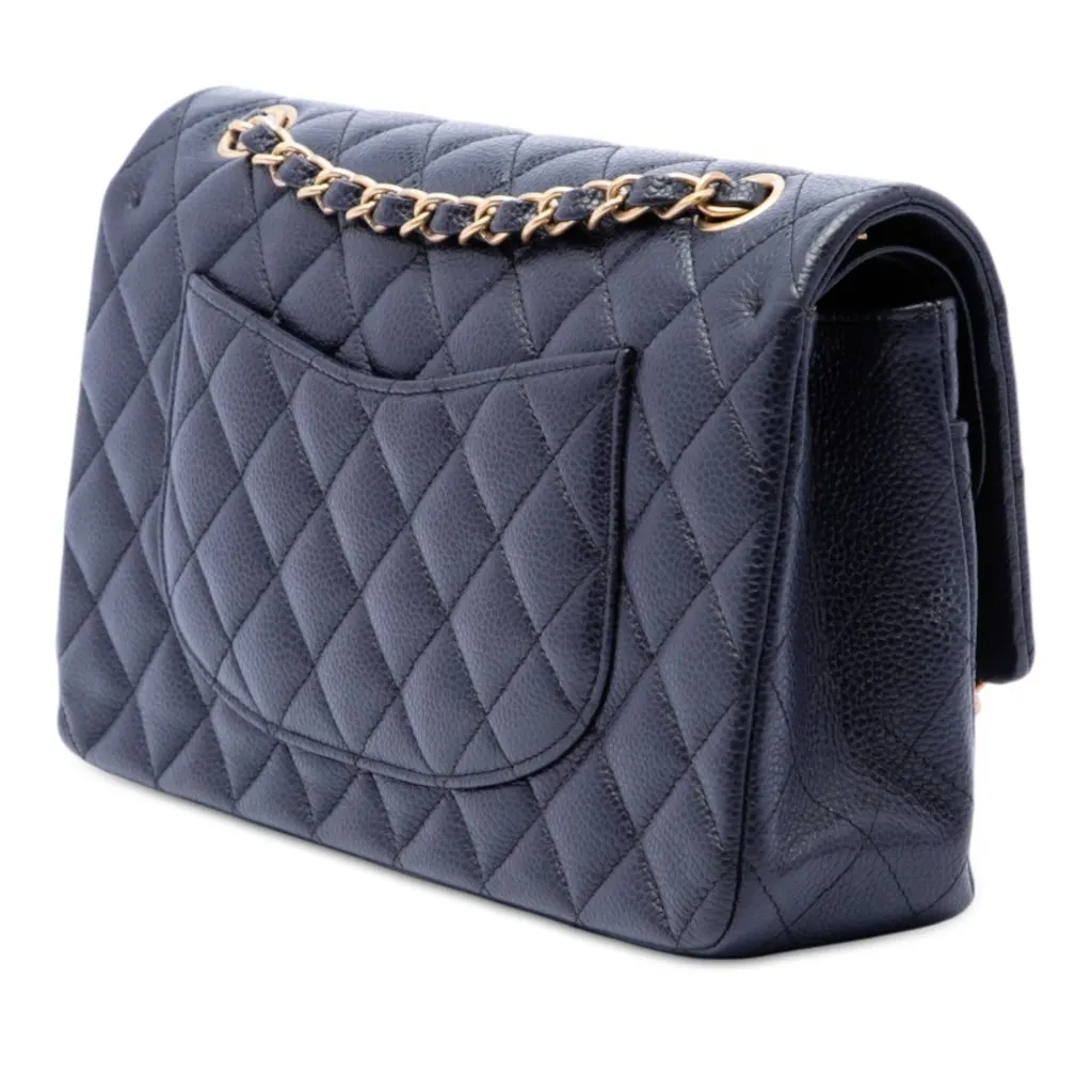 Chanel Medium Classic Caviar Double Flap Blue Leather Very good - Back View
