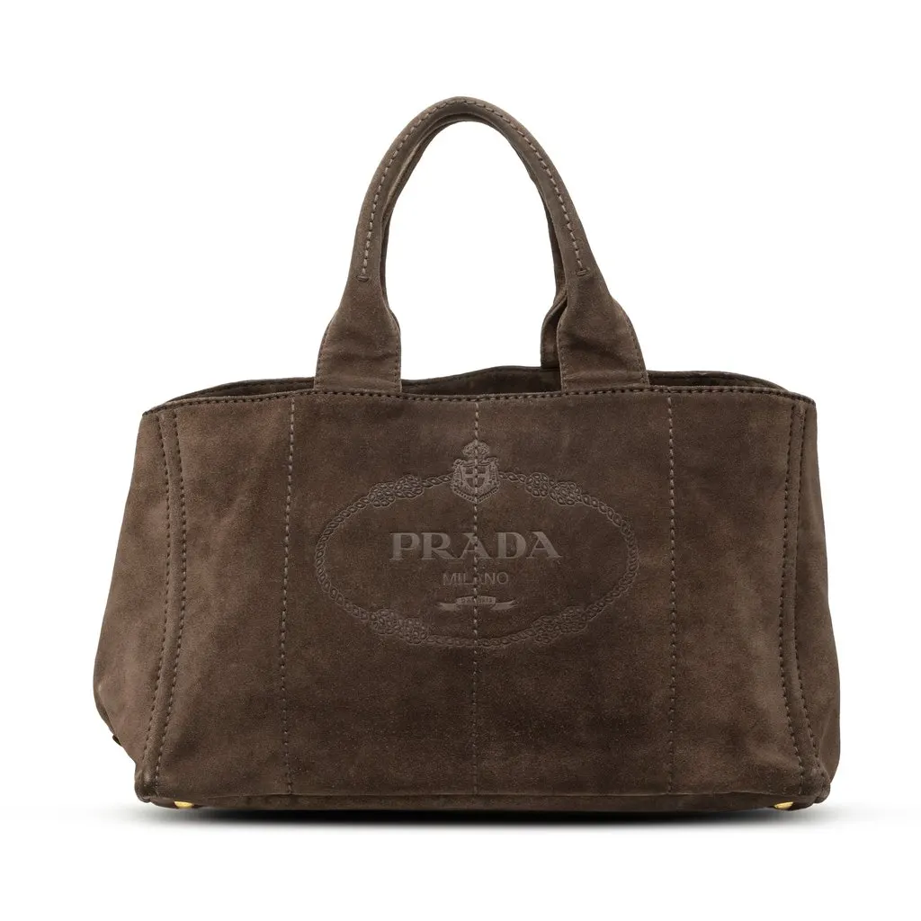 Prada Large Suede Canapa Logo Tote Brown Leather Good - Front View