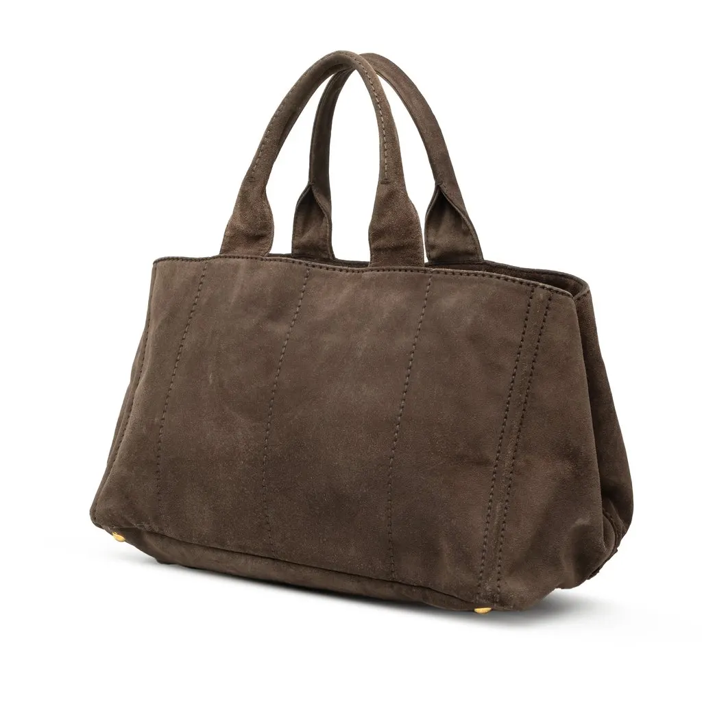 Prada Large Suede Canapa Logo Tote Brown Leather Good - Back View