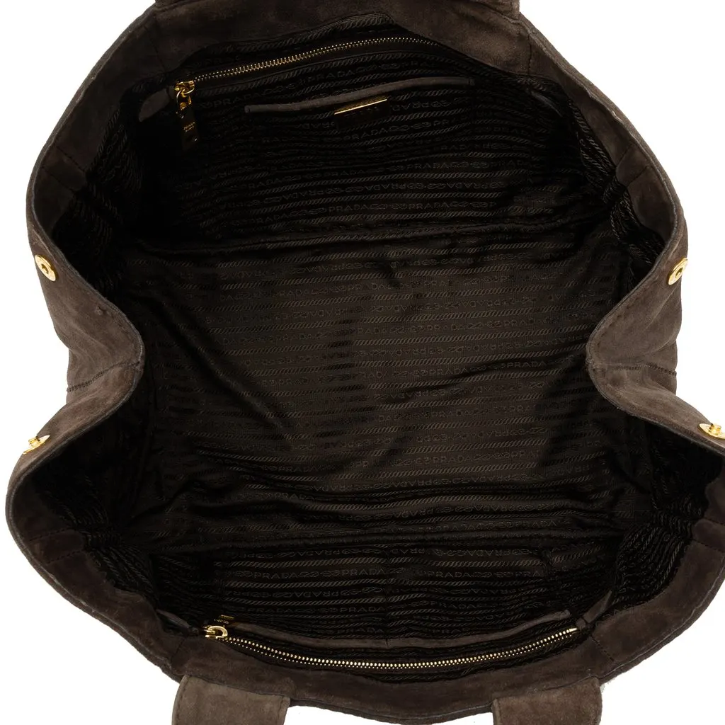 Prada Large Suede Canapa Logo Tote Brown Leather Good - Model View