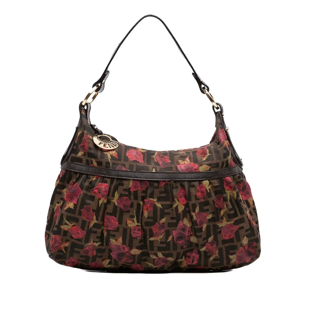 Fendi Zucca Canvas Rose Print Chef Shoulder Bag Brown Very good - Front View