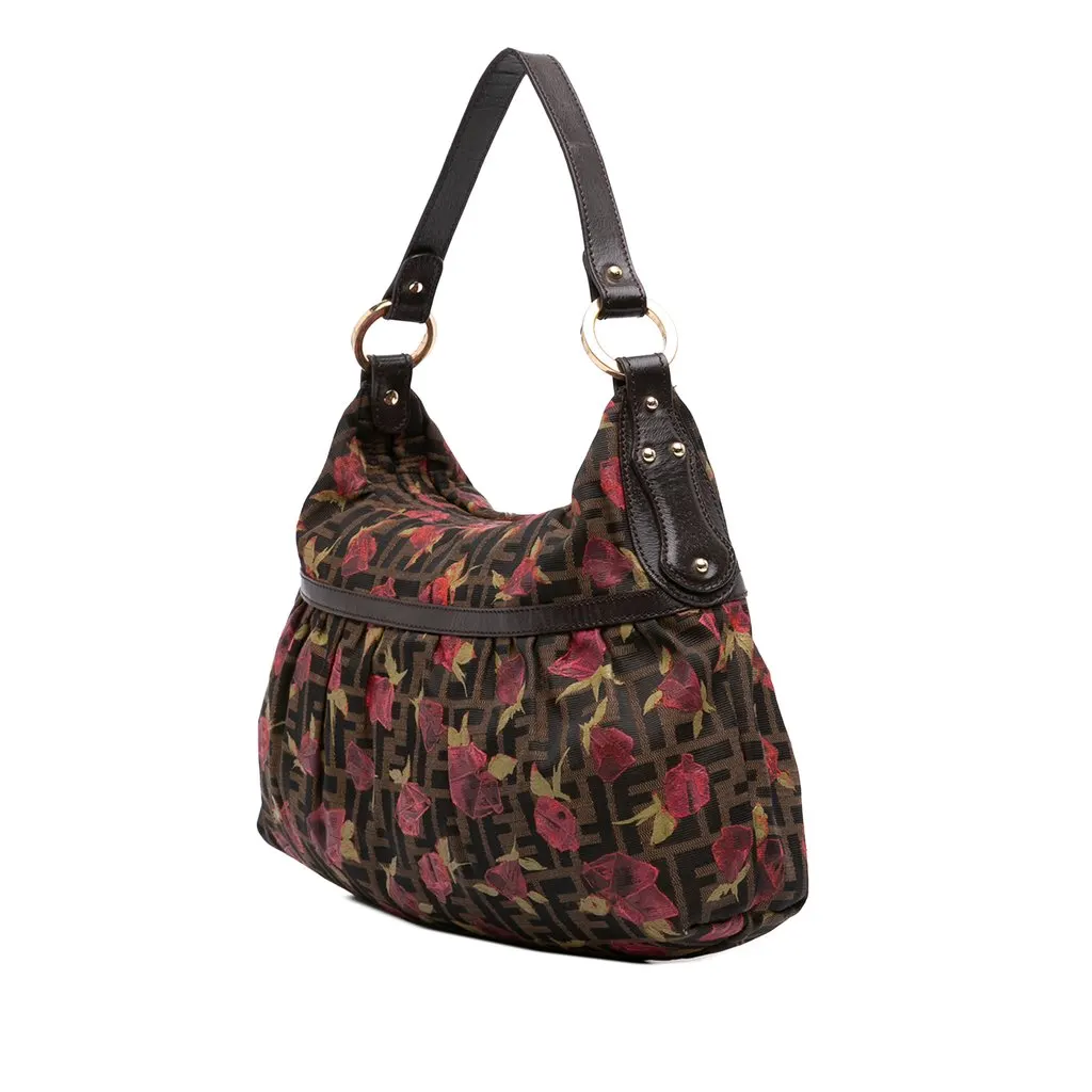 Fendi Zucca Canvas Rose Print Chef Shoulder Bag Brown Very good - Back View
