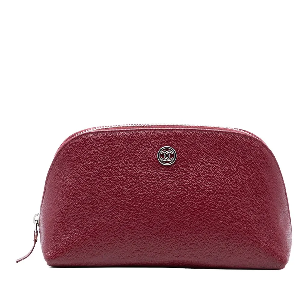 Chanel CC Calfskin Cosmetic Pouch Red Leather Very good - Front View
