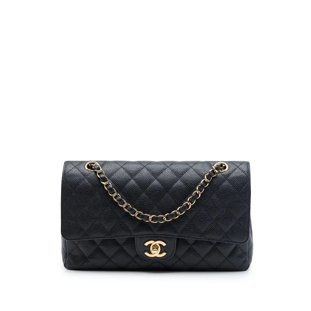 Chanel Medium Classic Caviar Double Flap Black Leather Very good - Front View