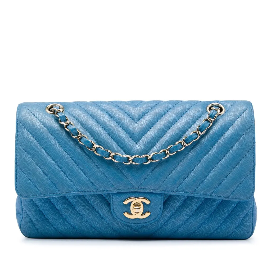 Chanel Medium Classic Chevron Caviar Double Flap Blue Leather Very good - Front View