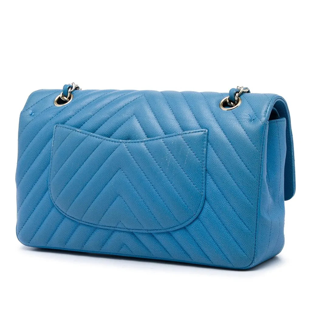 Chanel Medium Classic Chevron Caviar Double Flap Blue Leather Very good - Back View