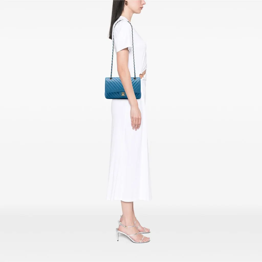 Chanel Medium Classic Chevron Caviar Double Flap Blue Leather Very good - Box View