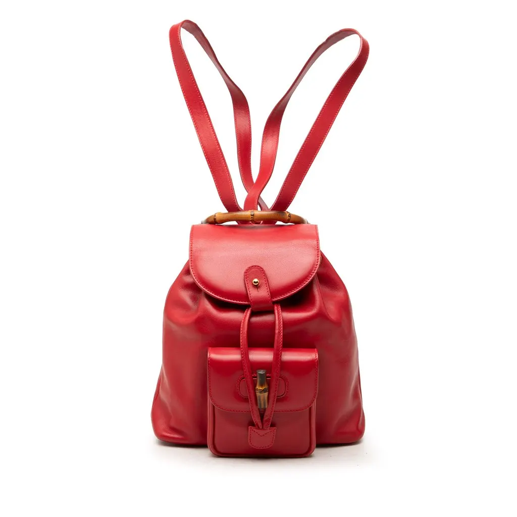Gucci Calfskin Bamboo Drawstring Backpack Red Leather Good - Front View