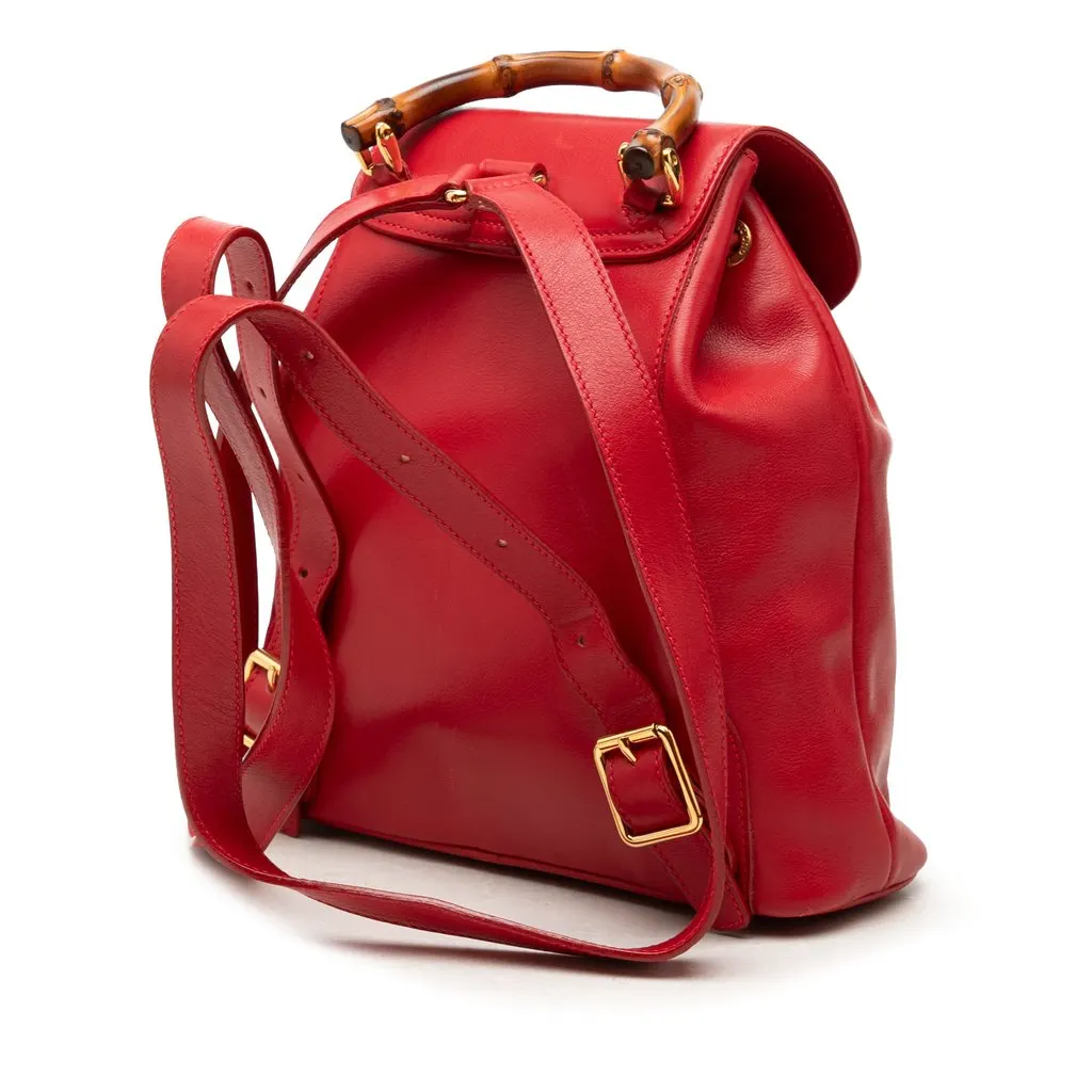 Gucci Calfskin Bamboo Drawstring Backpack Red Leather Good - Back View