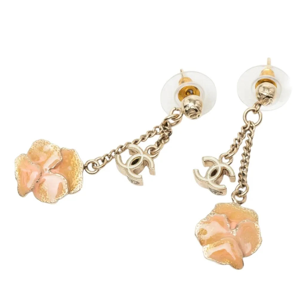 Chanel CC Gold Plated Enamel Camellia Drop Push Back Earrings Gold Metal Very good - Front View