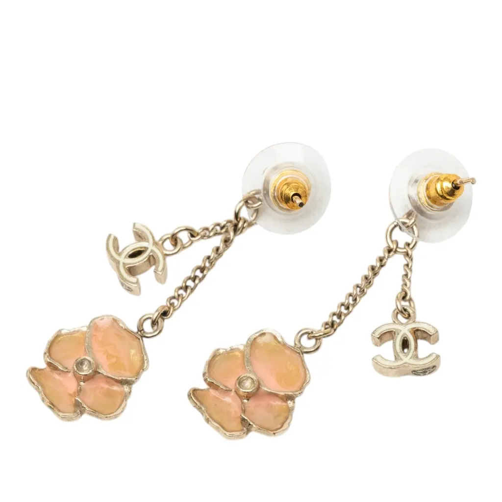 Chanel CC Gold Plated Enamel Camellia Drop Push Back Earrings Gold Metal Very good - Back View