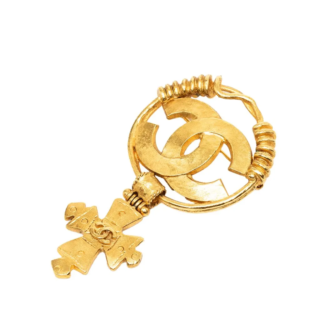 Chanel CC Gold Plated Cross Brooch Gold Metal Very good - Front View