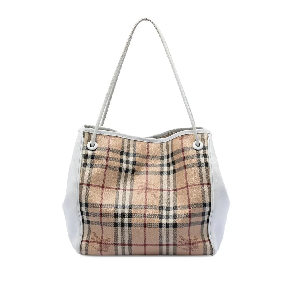 Burberry Small Leather Trimmed Haymarket Check Coated Canvas Canterbury Tote Beige Very good - Front View