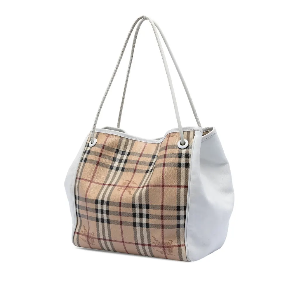 Burberry Small Leather Trimmed Haymarket Check Coated Canvas Canterbury Tote Beige Very good - Back View