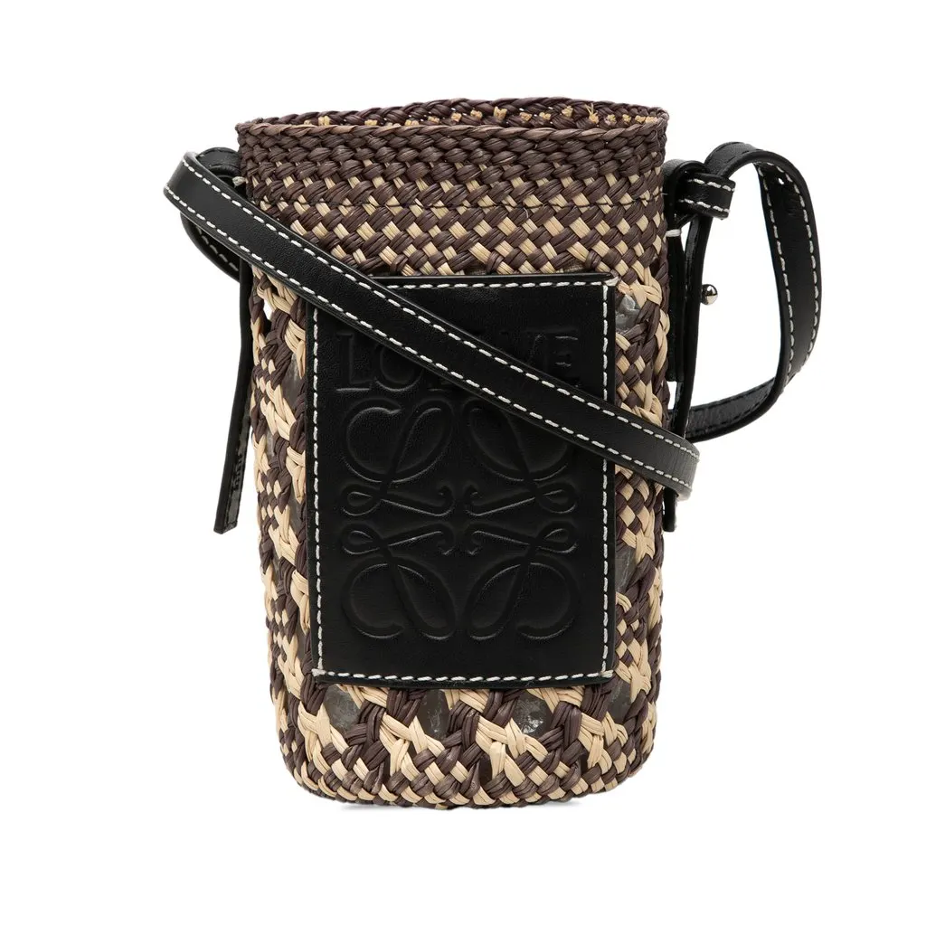 Loewe Paulas Ibiza Raffia Anagram Cylinder Pocket Bucket Bag Beige Rattan Good - Front View