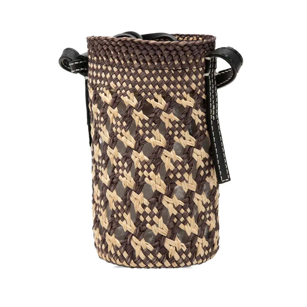 Loewe Paulas Ibiza Raffia Anagram Cylinder Pocket Bucket Bag Beige Rattan Good - Back View