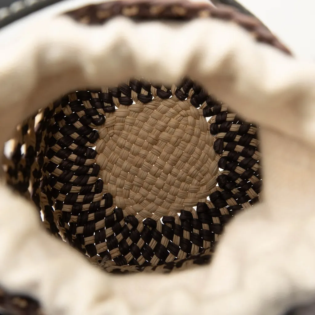 Loewe Paulas Ibiza Raffia Anagram Cylinder Pocket Bucket Bag Beige Rattan Good - Model View