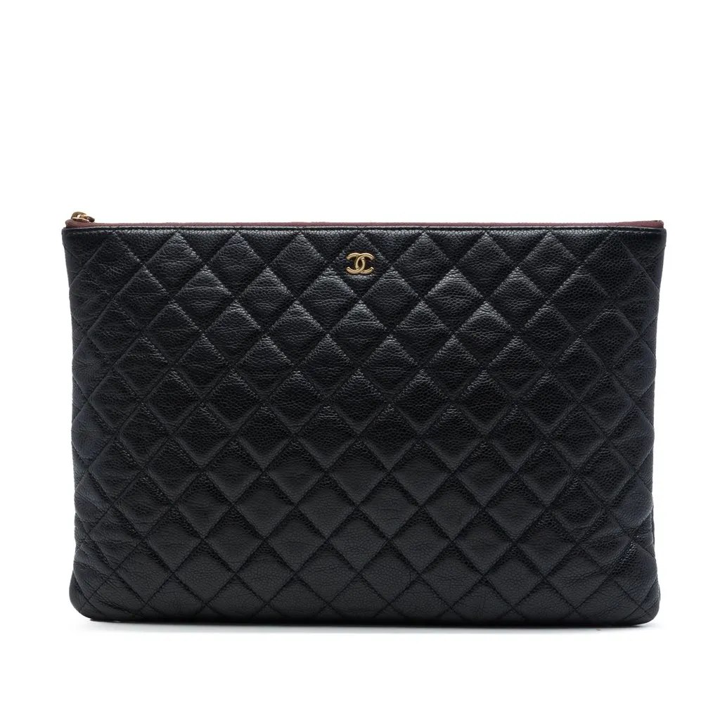 Chanel Large Quilted Caviar O Case Clutch Black Leather Very good - Front View