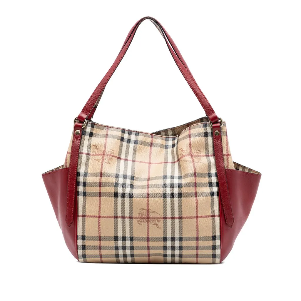 Burberry Small Leather Trimmed Haymarket Check Coated Canvas Canterbury Tote Beige Very good - Front View