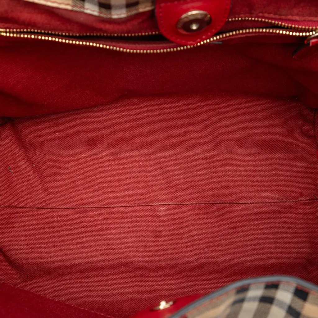 Burberry Small Leather Trimmed Haymarket Check Coated Canvas Canterbury Tote Beige Very good - Model View