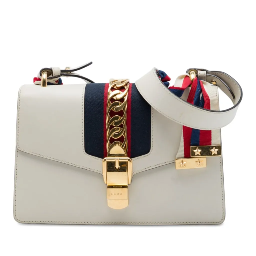 Gucci Small Calfskin Web Sylvie Satchel White Leather Very good - Front View
