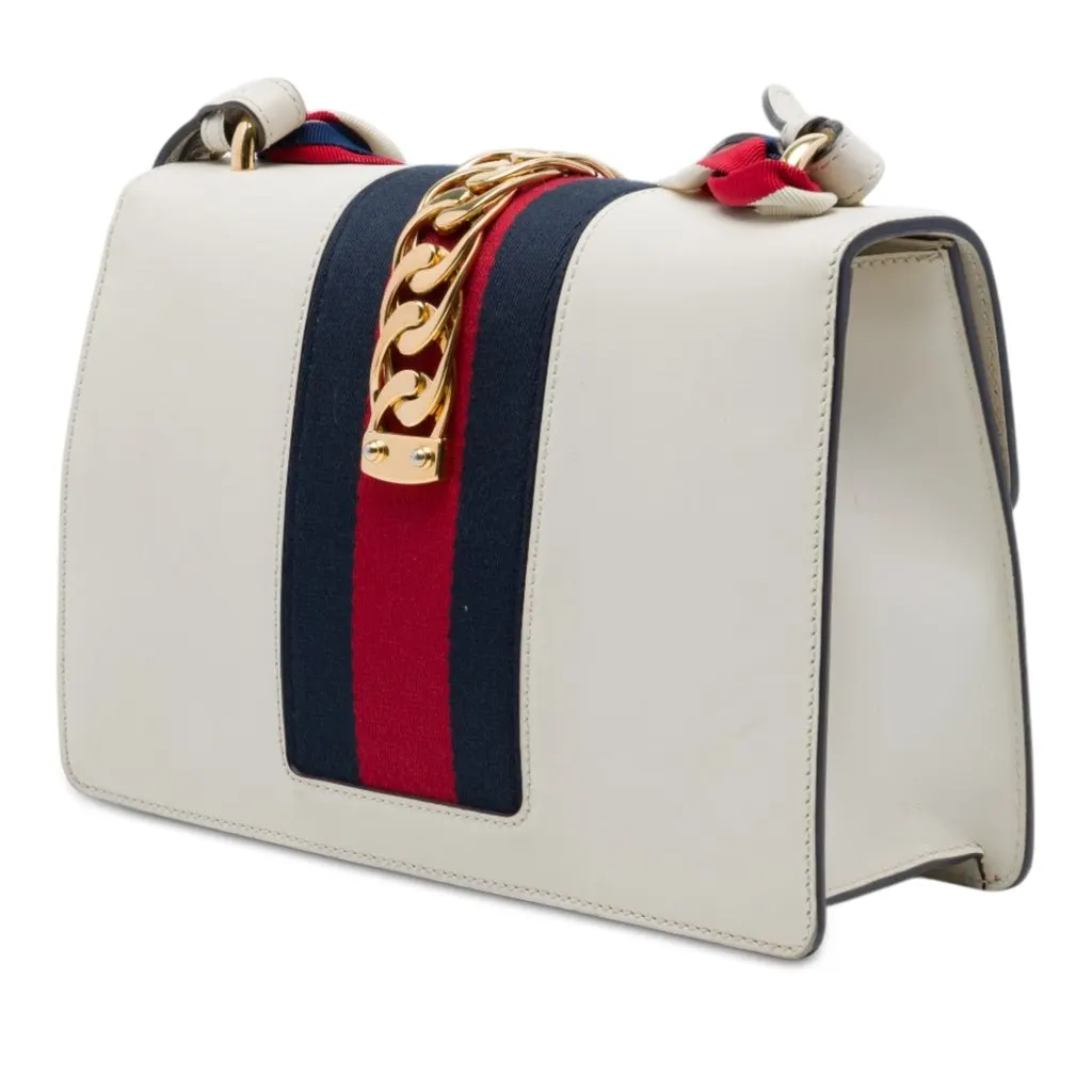 Gucci Small Calfskin Web Sylvie Satchel White Leather Very good - Back View