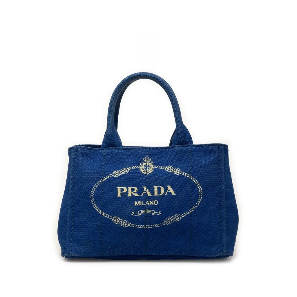 Prada Small Canvas Canapa Logo Tote Blue Very good - Front View